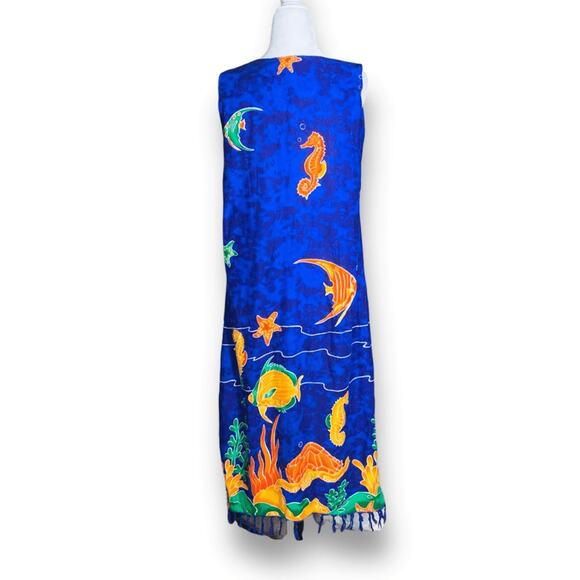 Vintage 90s In Gear Blue Ocean Fish Print Dress Tassel Hem Resort Boho Small - Picture 4 of 12
